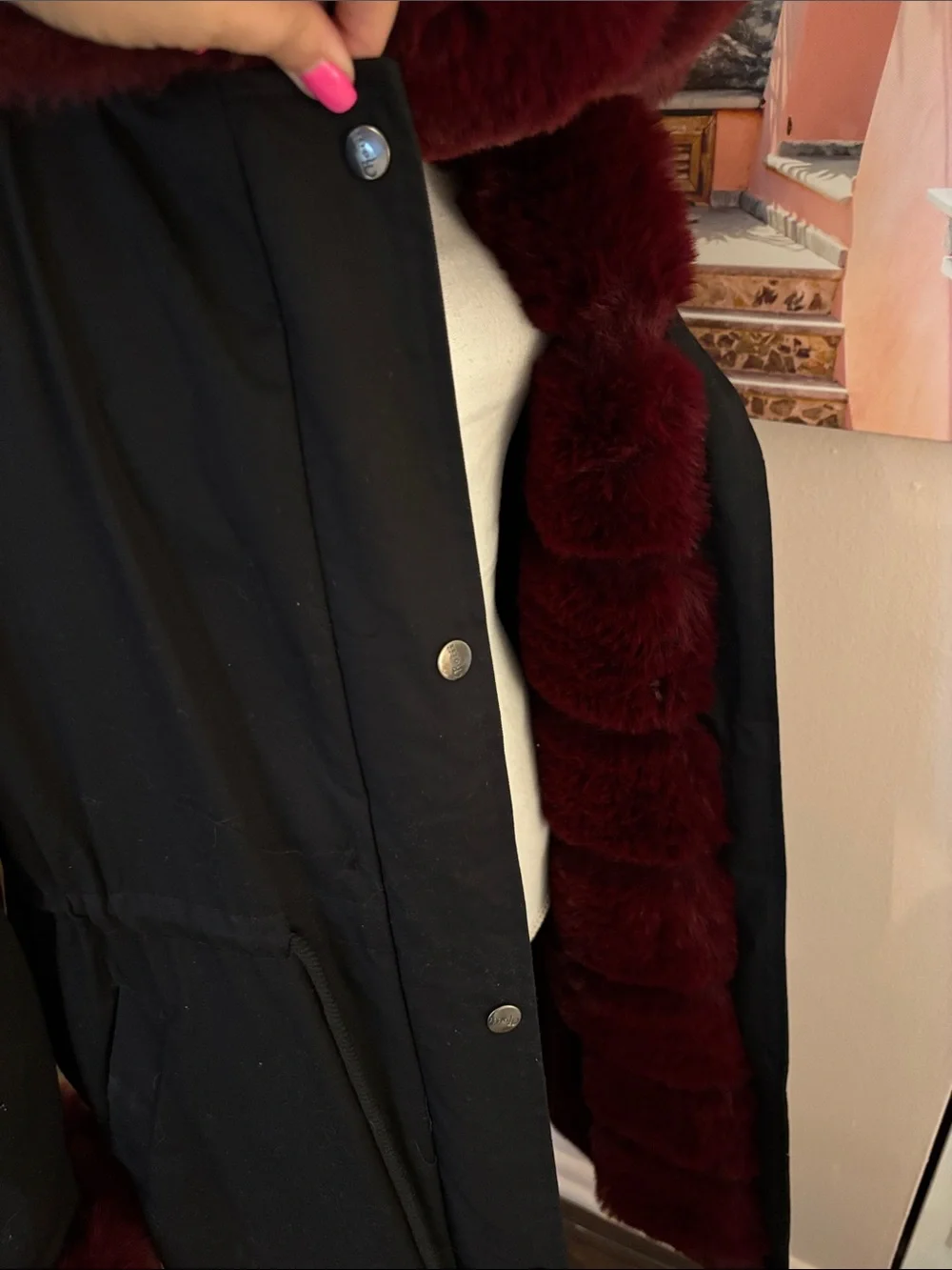Black Coat with Burgundy Faux Fur Trim - Women Accessories